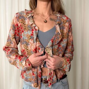 Intermix Floral Sheer Cardigan Ruffle Top Boho Lightweight Layer Size 8